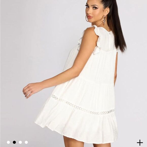 NWT Aakaa White Sleeveless Flutter Swiss Dot Baby doll Mini Sundress w/Pockets S - Picture 3 of 16